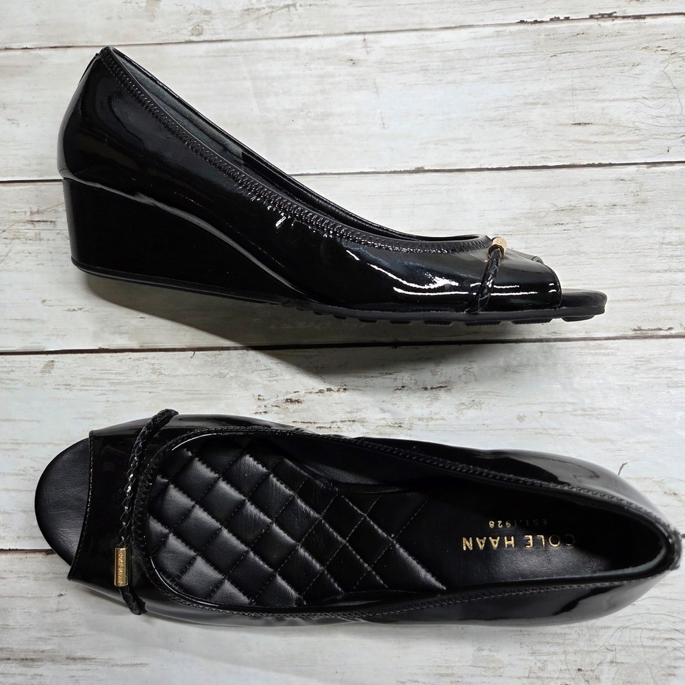 Cole Haan Tali Grand Open Toe Wedge Pump Womens 7B Black Patent Leather D44725